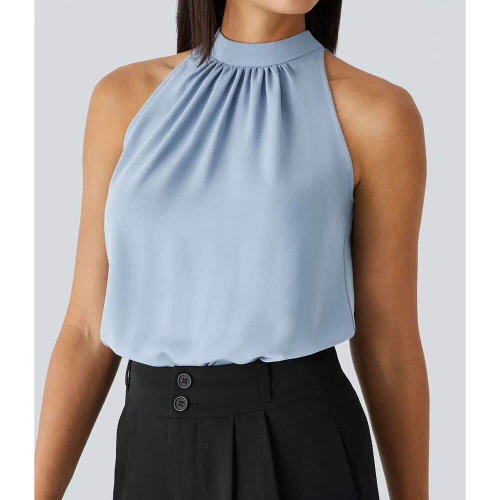 Keyhole Back Halter Sleeveless Curved Hem Work Blouse Skyride ***XL*** - Picture 6 of 6